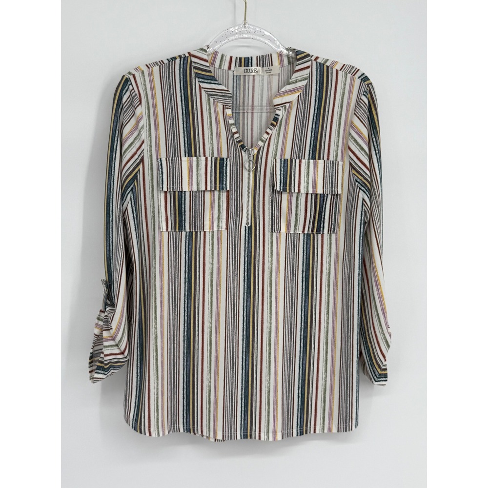CURE. Womens Multi Color Striped Zip V Neck Roll Tab Sleeve Blouse Sz M